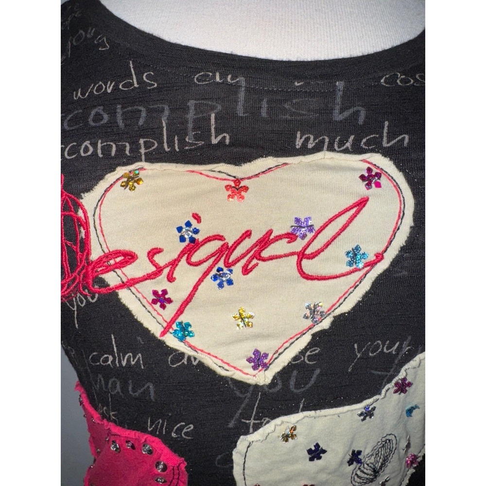 Desigual patchwork heart embroidered rhinestone tie back shirt sleeve black top - Picture 2 of 9